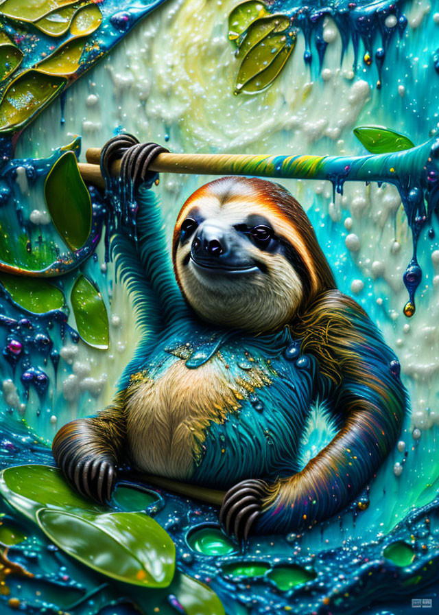 Colorful Digital Art: Smiling Sloth on Branch with Green Leaves