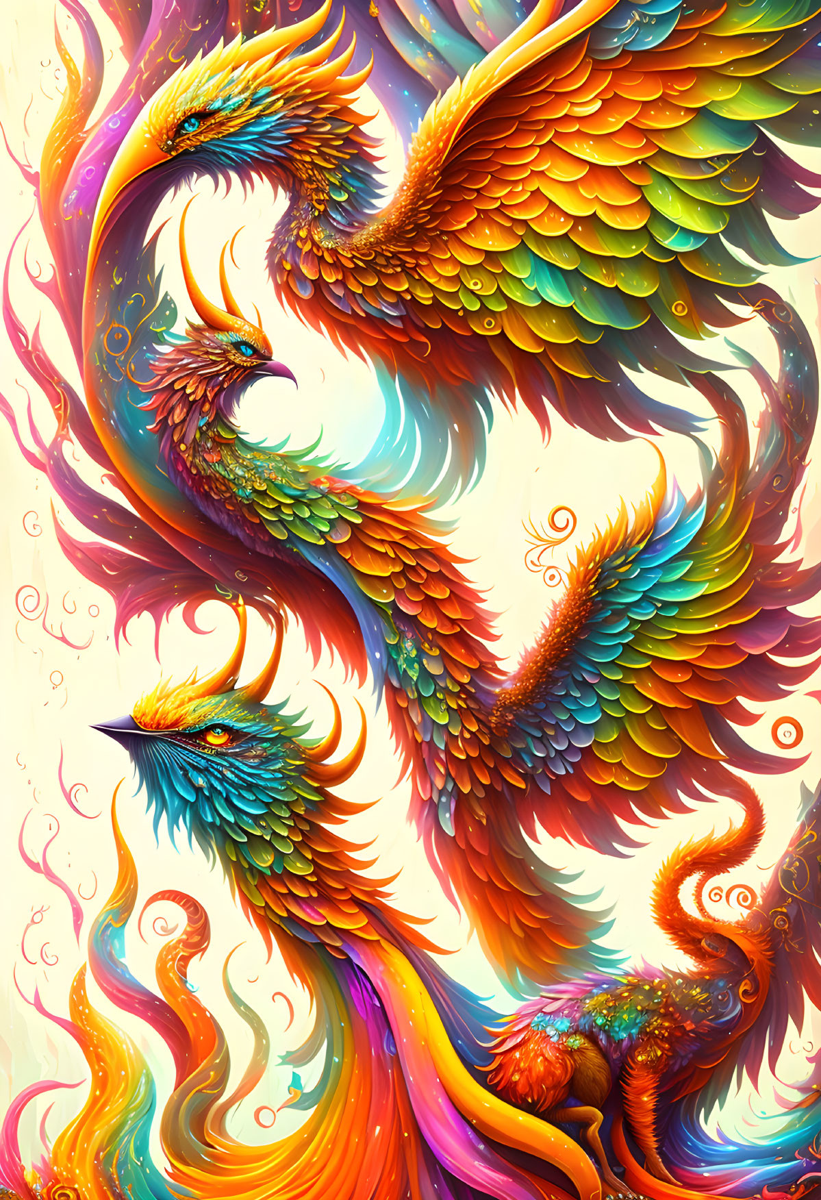 Colorful Phoenix with Intricate Feather Details in Dynamic Pose