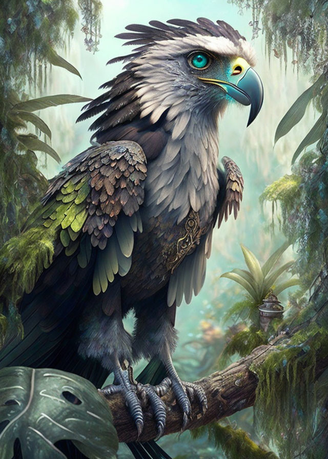 Majestic eagle with blue eyes in misty forest