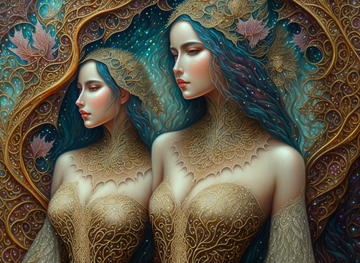 Detailed illustration of two ethereal women in ornate attire against swirling backdrop