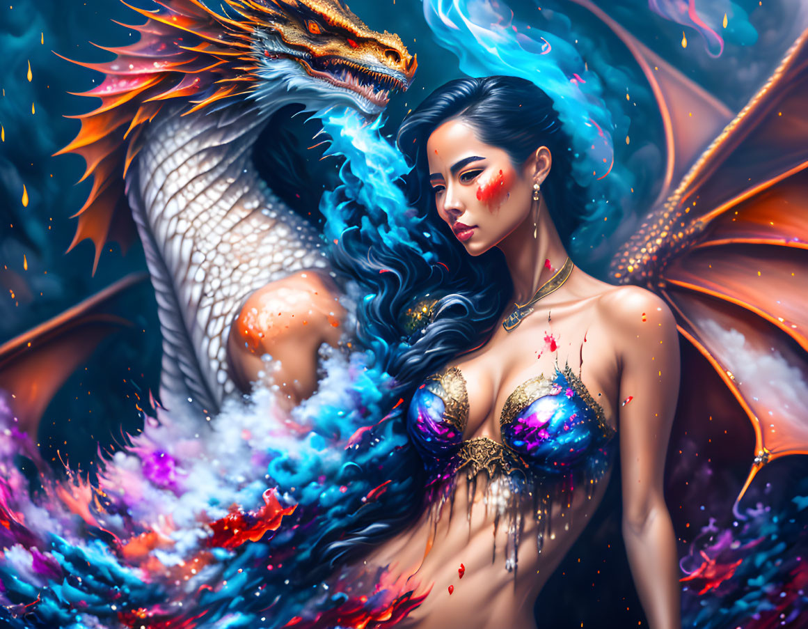Dark-haired woman with colorful dragon in cosmic flames