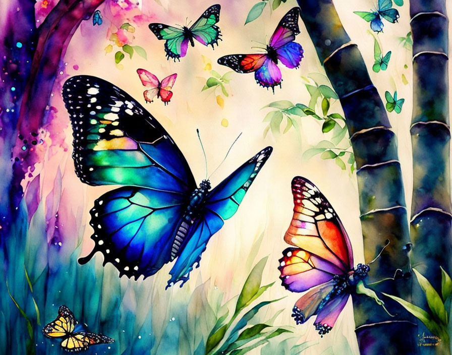 Vibrant watercolor painting of colorful butterflies and bamboo flowers