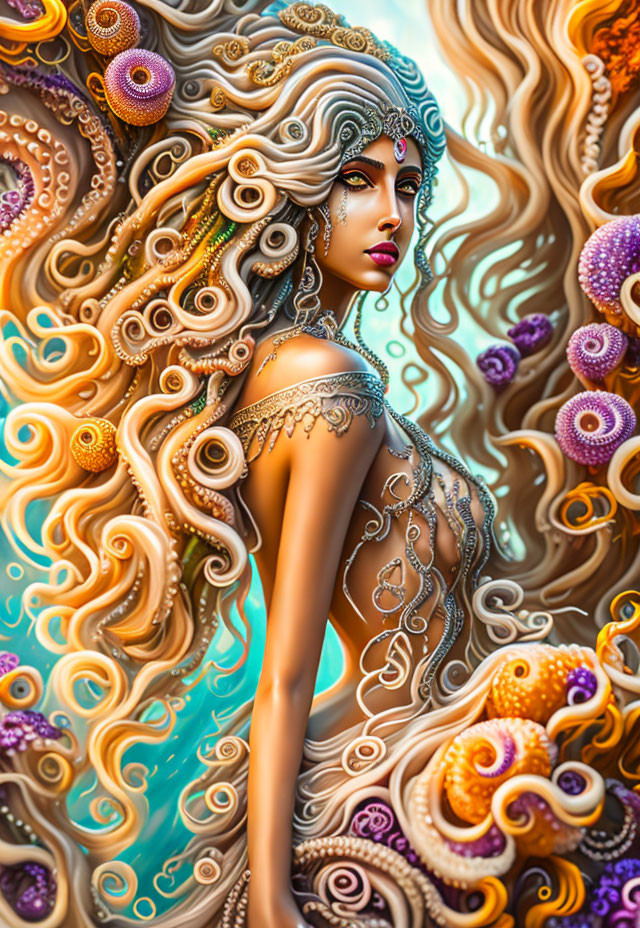 Colorful digital artwork: Woman with flowing hair and ornate patterns