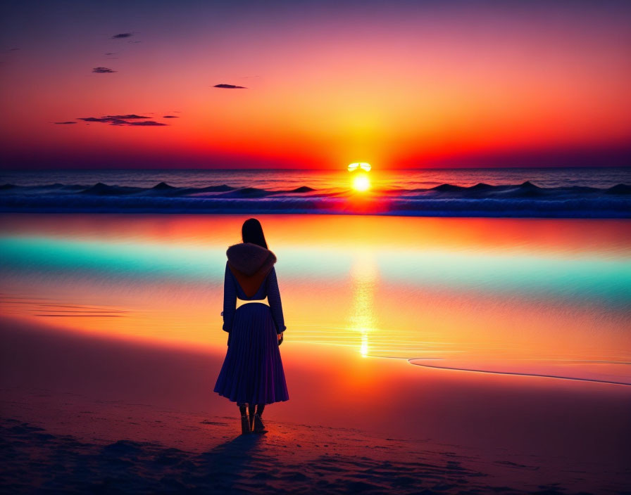 Person watching vibrant sunset on beach with reflections in water under gradient sky