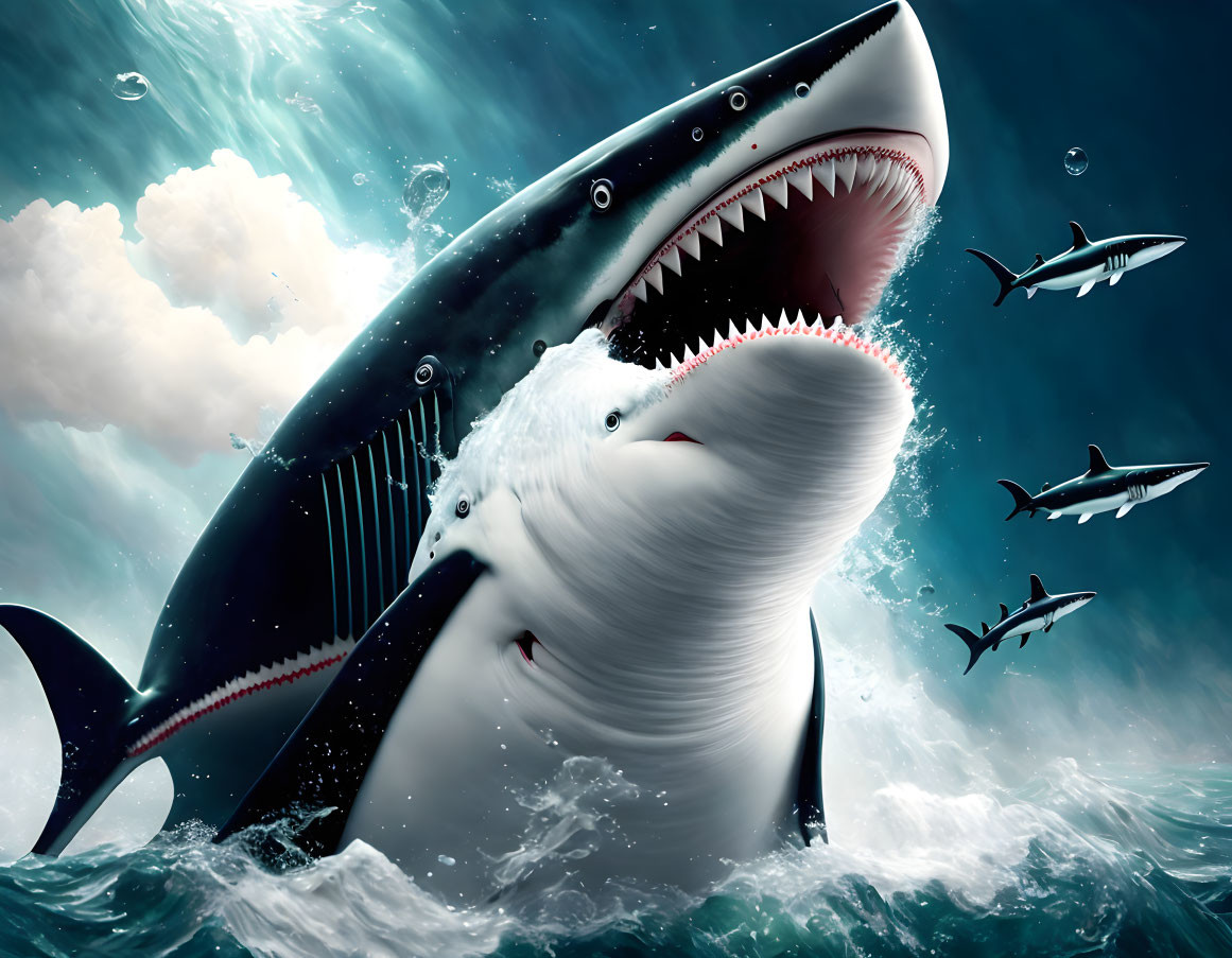 Colossal shark attacking smaller shark in dynamic water scene