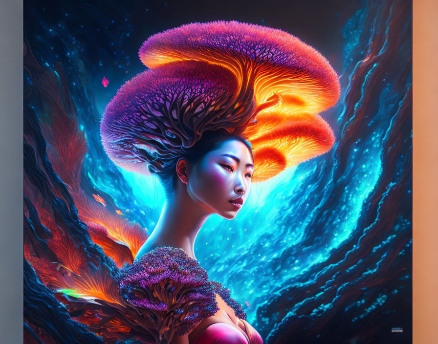 Surreal digital artwork: Woman with glowing neon coral tree hair in aquatic hues