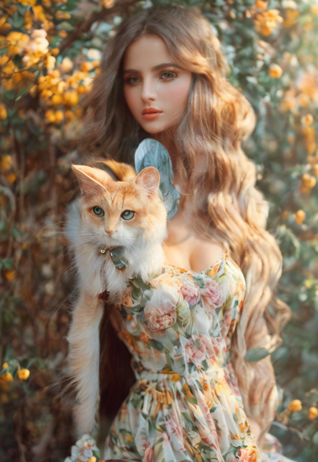 Woman with Long Wavy Hair Holding Orange Cat in Floral Dress