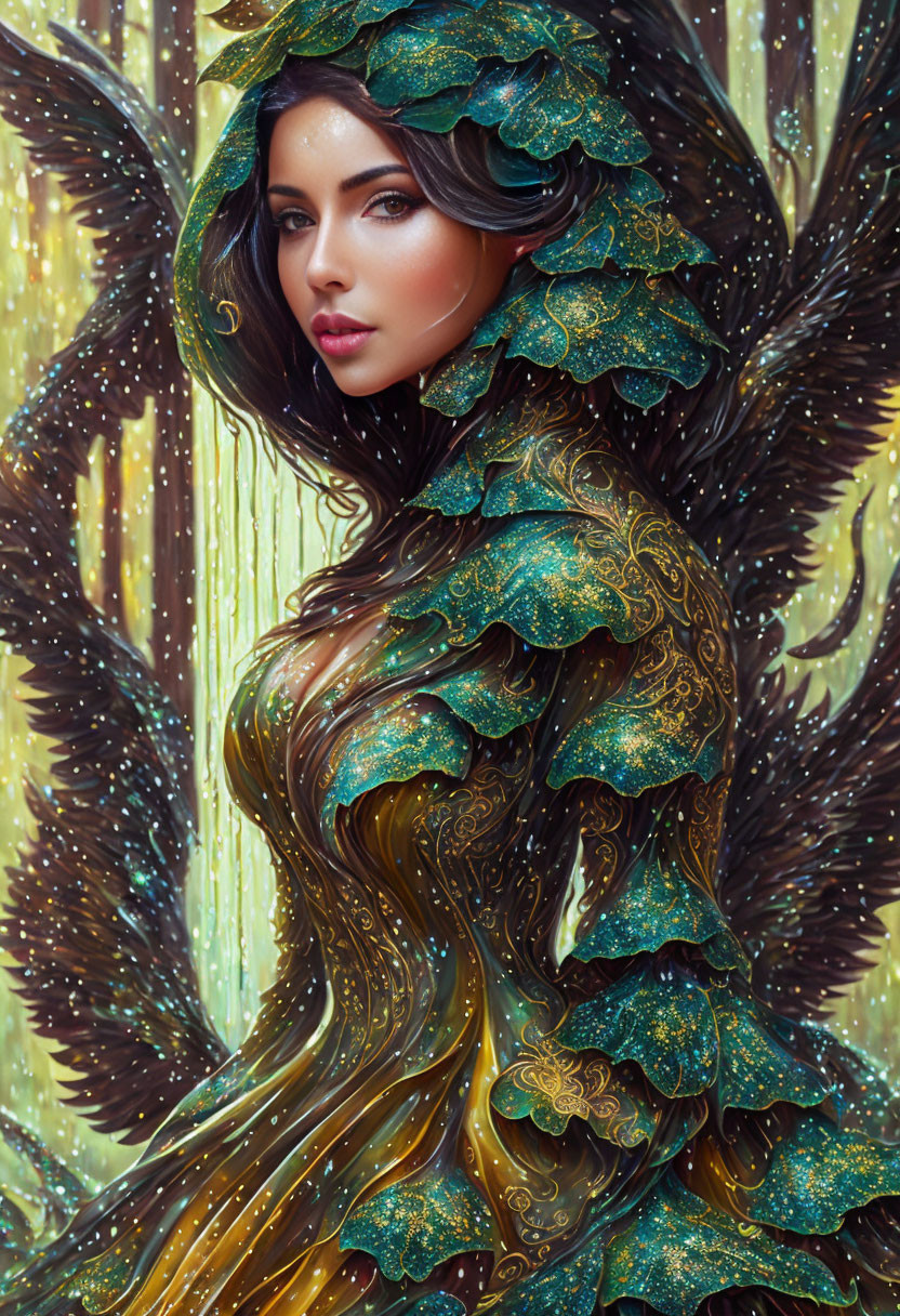 Fantasy illustration of woman in green & gold leafy hood & gown with golden wings.
