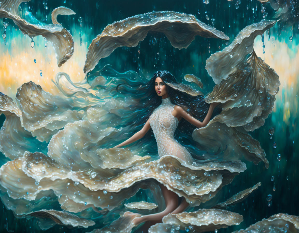 Woman with swirling water wings in mystical underwater scene