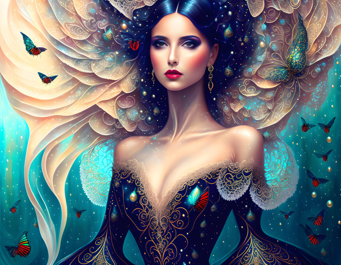 Elaborately adorned woman with butterfly hair and mystical background