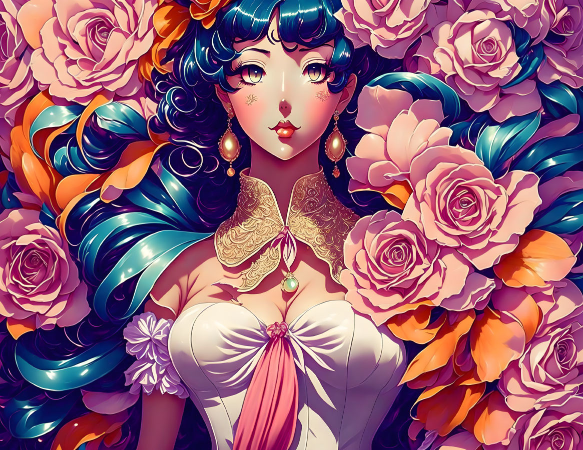 Illustrated female character with blue hair among pink roses in white and pink dress