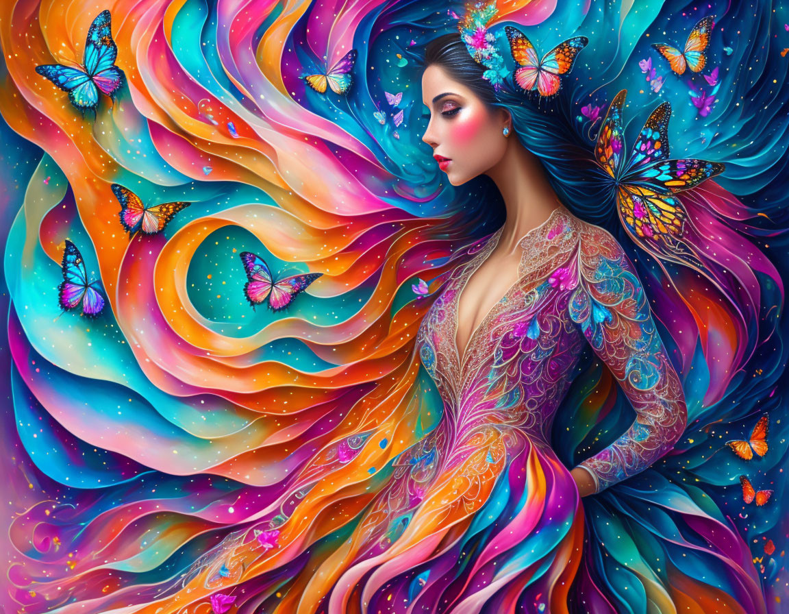 Colorful woman with butterfly hair in abstract backdrop