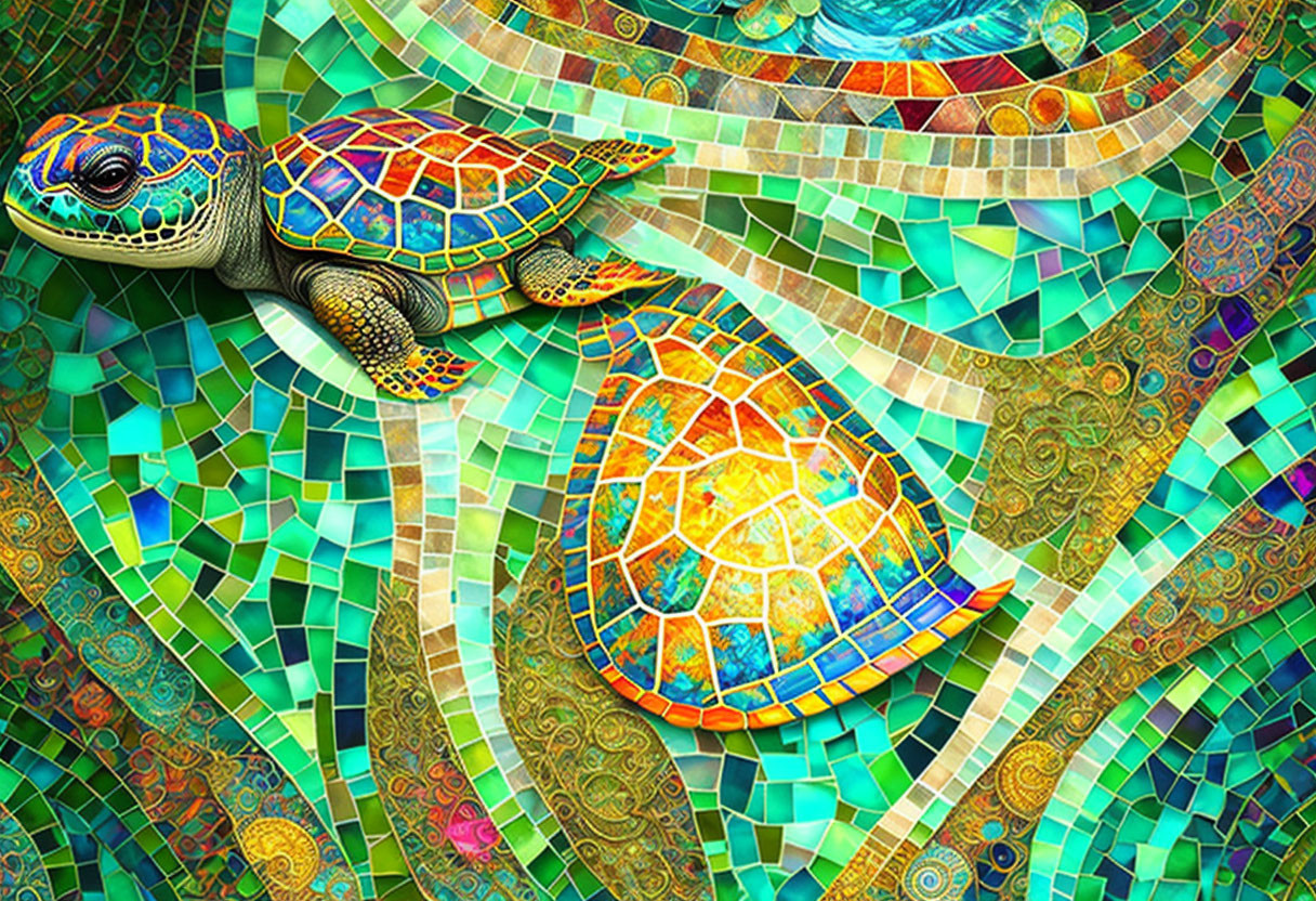 Colorful digital artwork featuring two turtles with mosaic patterns in abstract ocean.