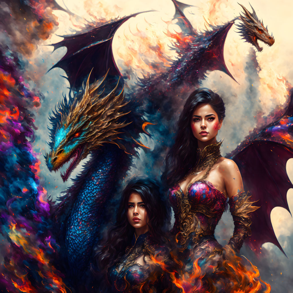 Two women in ornate armor with majestic blue dragon in fiery backdrop