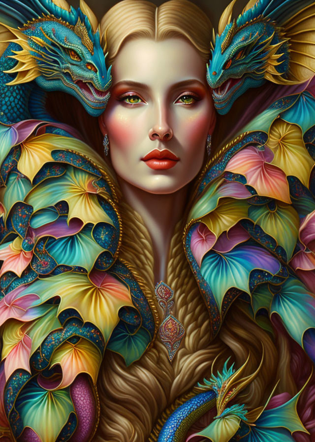 Colorful Dragon and Feather Motifs Surround Woman in Fantastical Portrait