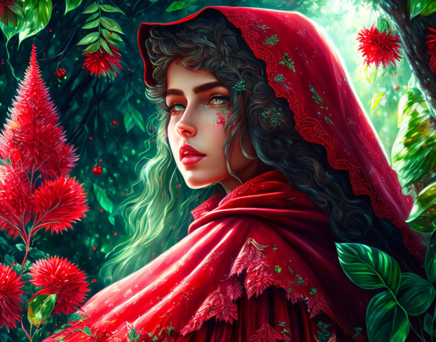 Curly-haired woman in red hooded cloak among lush greenery and red flowers