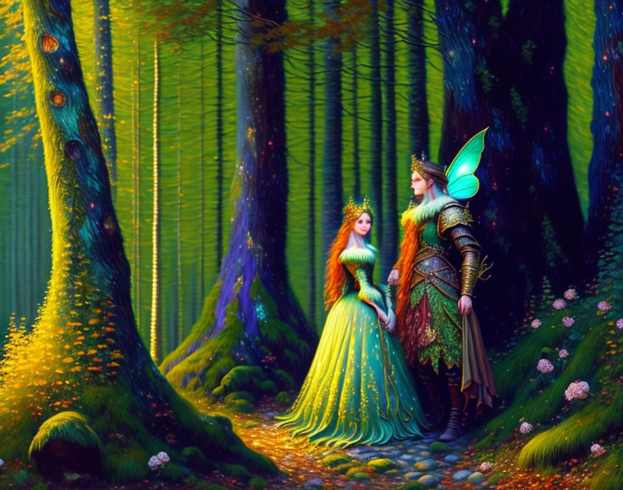 Fantasy queen and knight in vibrant forest setting