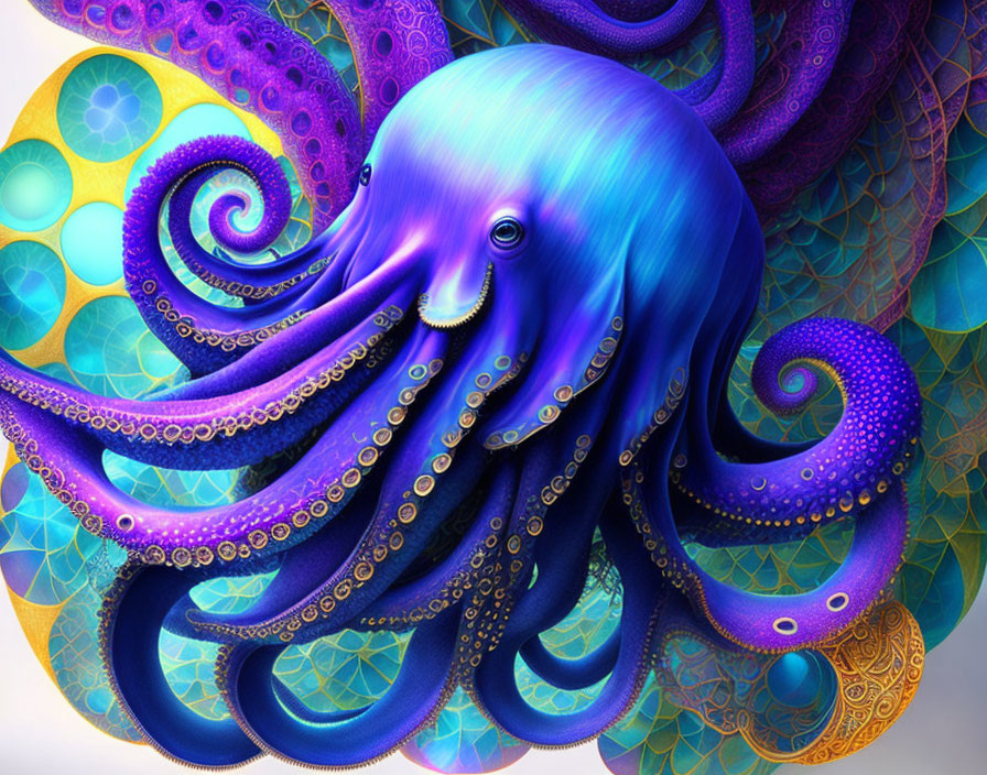 Colorful Octopus Artwork with Intricate Patterns and Fractal Backgrounds