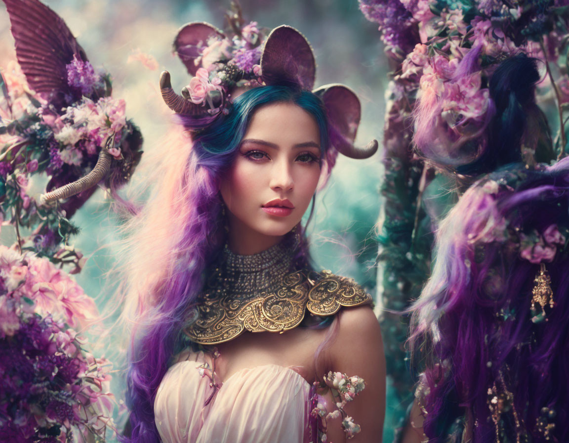 Woman with Blue and Purple Hair in Floral and Horned Headdress Amidst Whimsical Setting