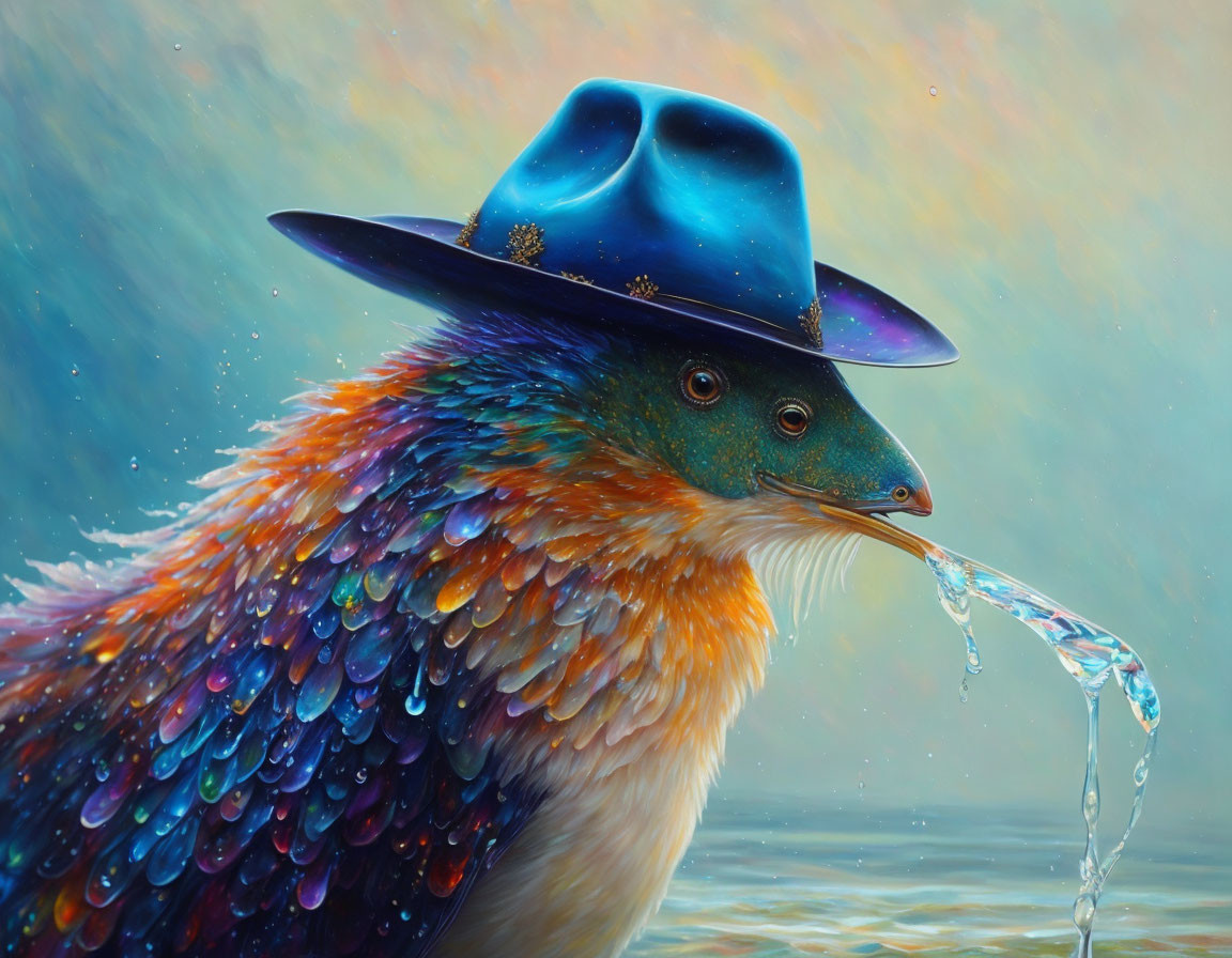 Colorful Bird with Iridescent Feathers Drinking Water in Blue Hat