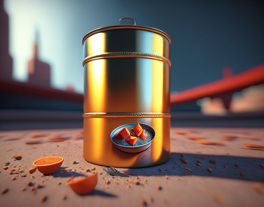 Shiny gold paint can with colorful logo on textured surface with orange peel fragments and blurred cityscape.