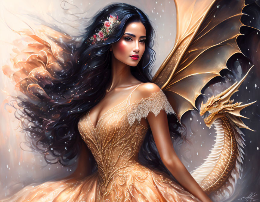 Digital art: Woman with flowing hair in golden dress with intricate golden dragon.