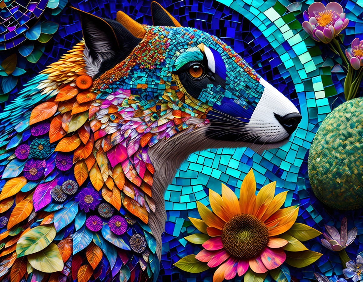 Colorful Stylized Fox Mosaic Artwork on Blue Background