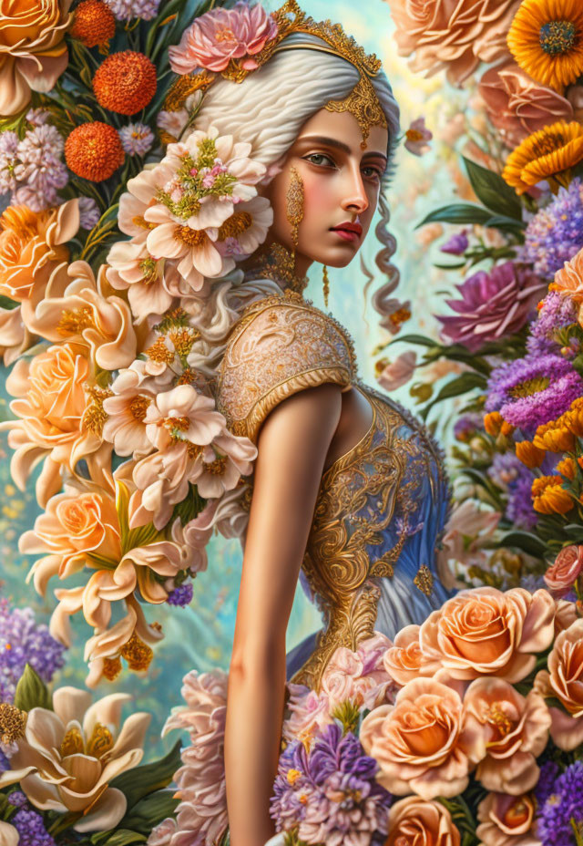 Regal lady in intricate gold attire amidst lush floral tapestry