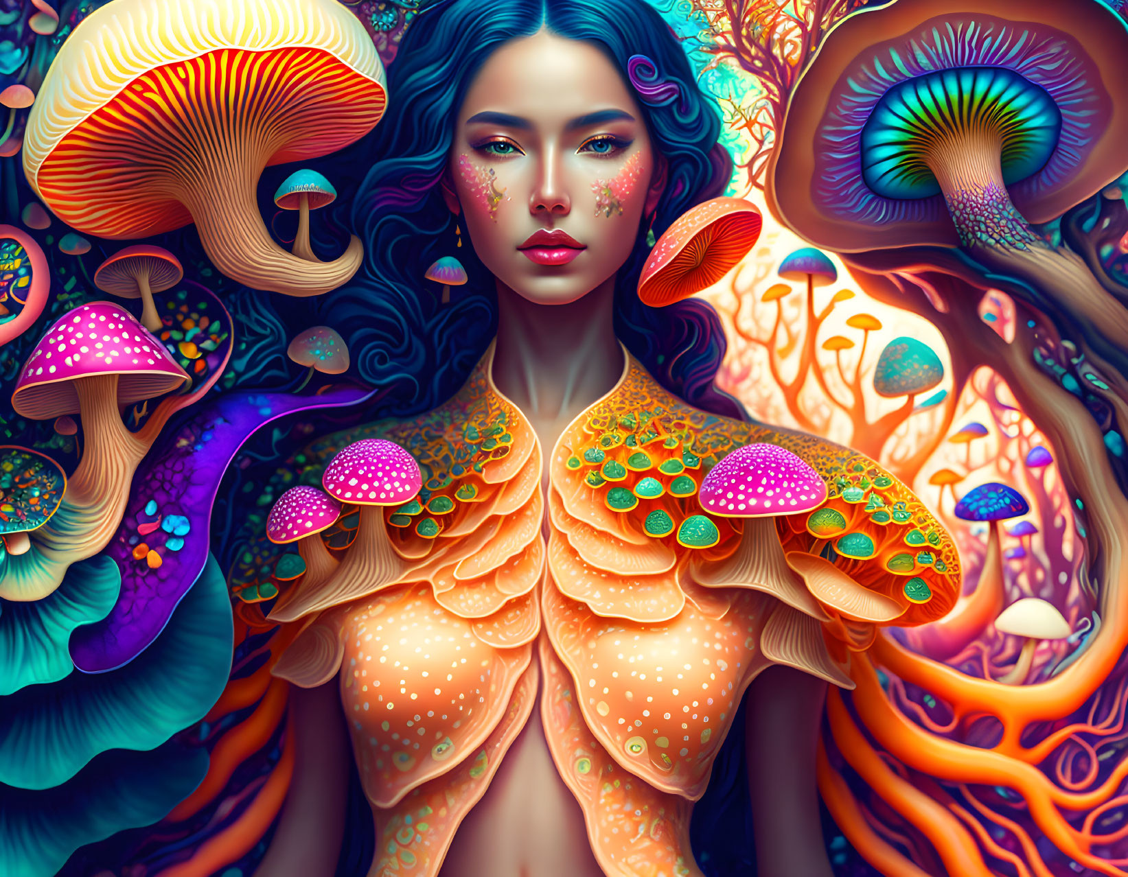 Colorful digital artwork: Woman in mushroom attire among vibrant fungi