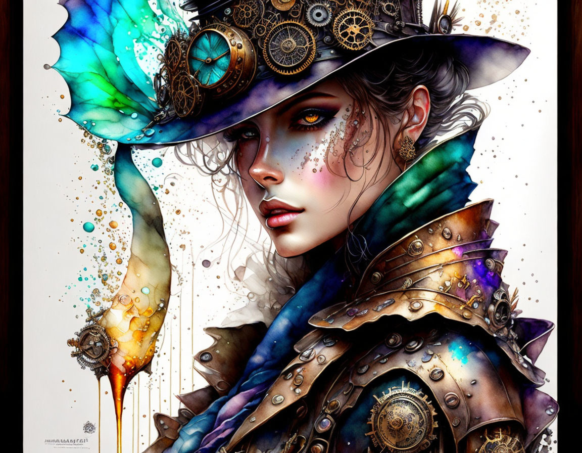 Steampunk-style woman with gear-adorned hat in vibrant watercolor.