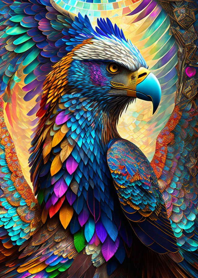 Colorful digital artwork: Eagle with rainbow feathers on ornate background