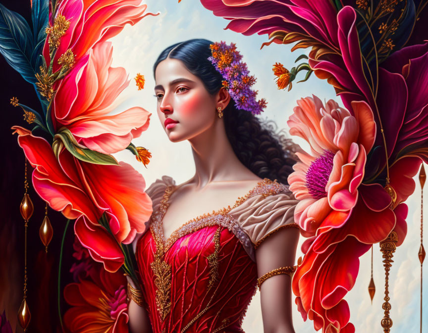 Regal woman with dark hair and floral gown among vibrant blossoms