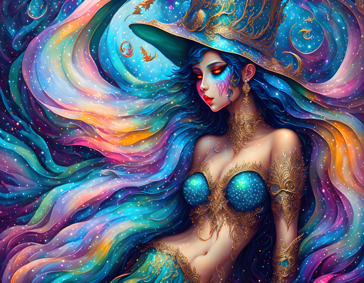 Illustration of woman with celestial body art and hat in swirling galaxy.