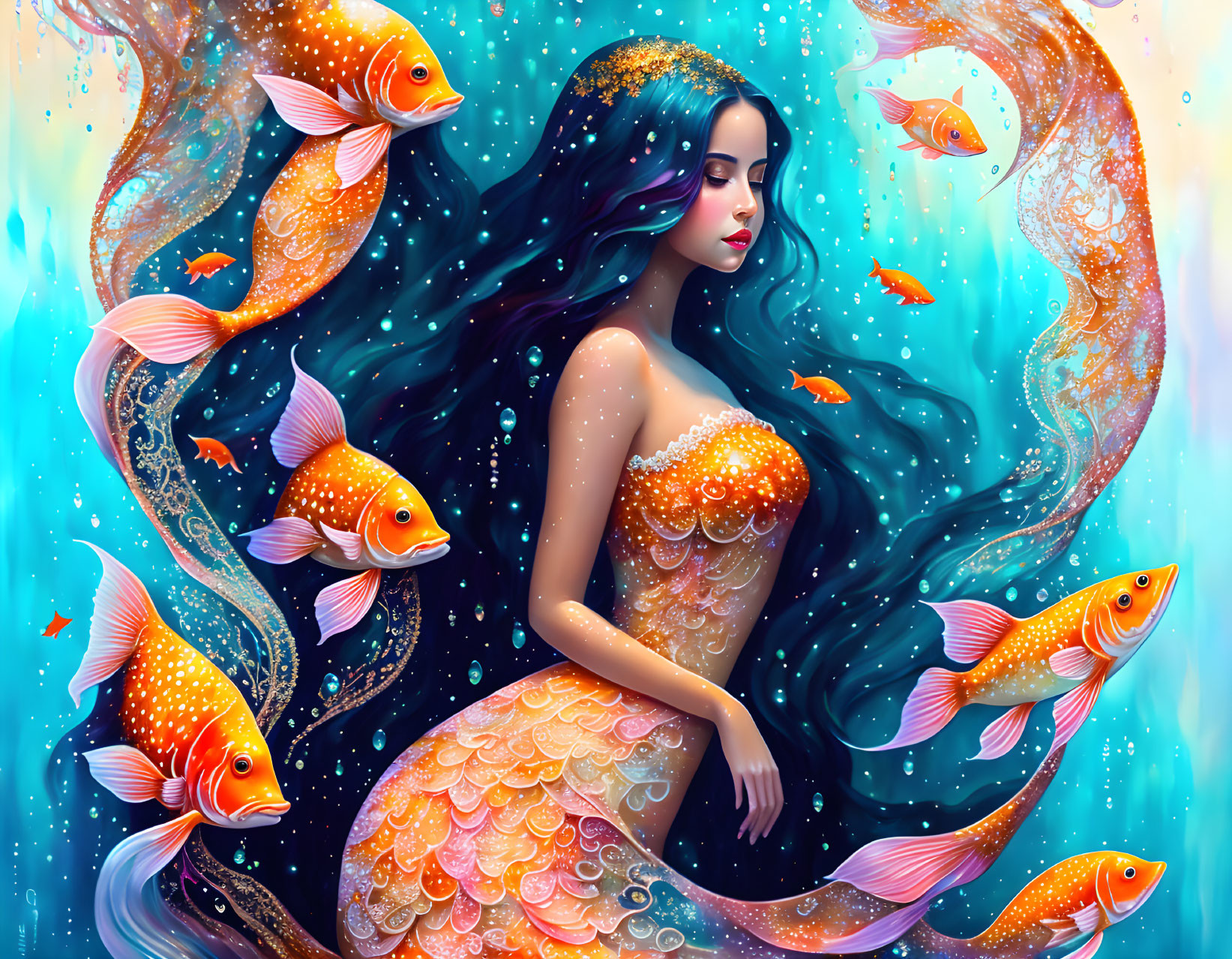 Mermaid with Dark Hair Surrounded by Orange Fish