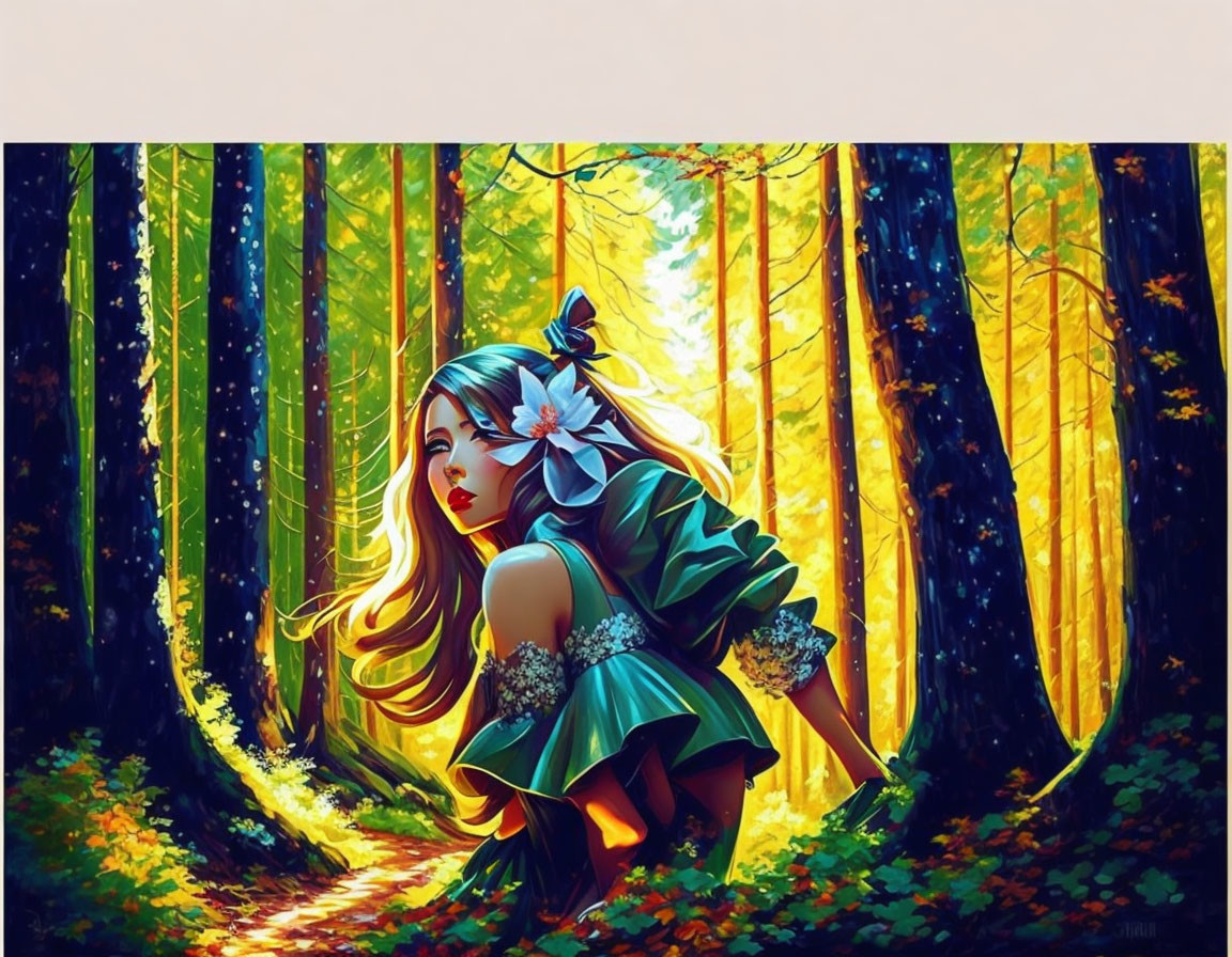 Animated character in green dress exploring vibrant forest with sun rays.