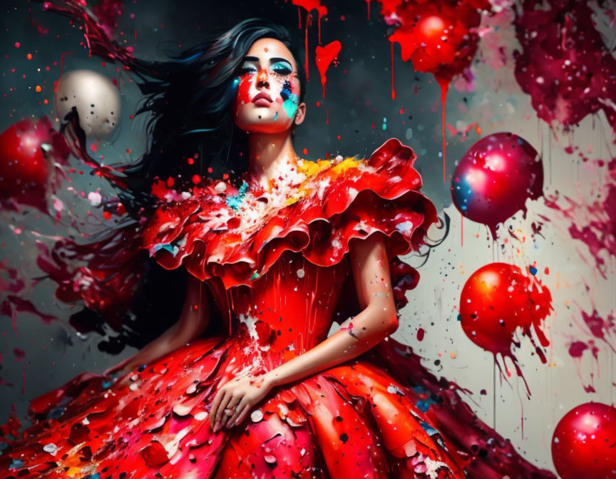 Woman in Red Dress with Paint Splatter and Floating Balloons