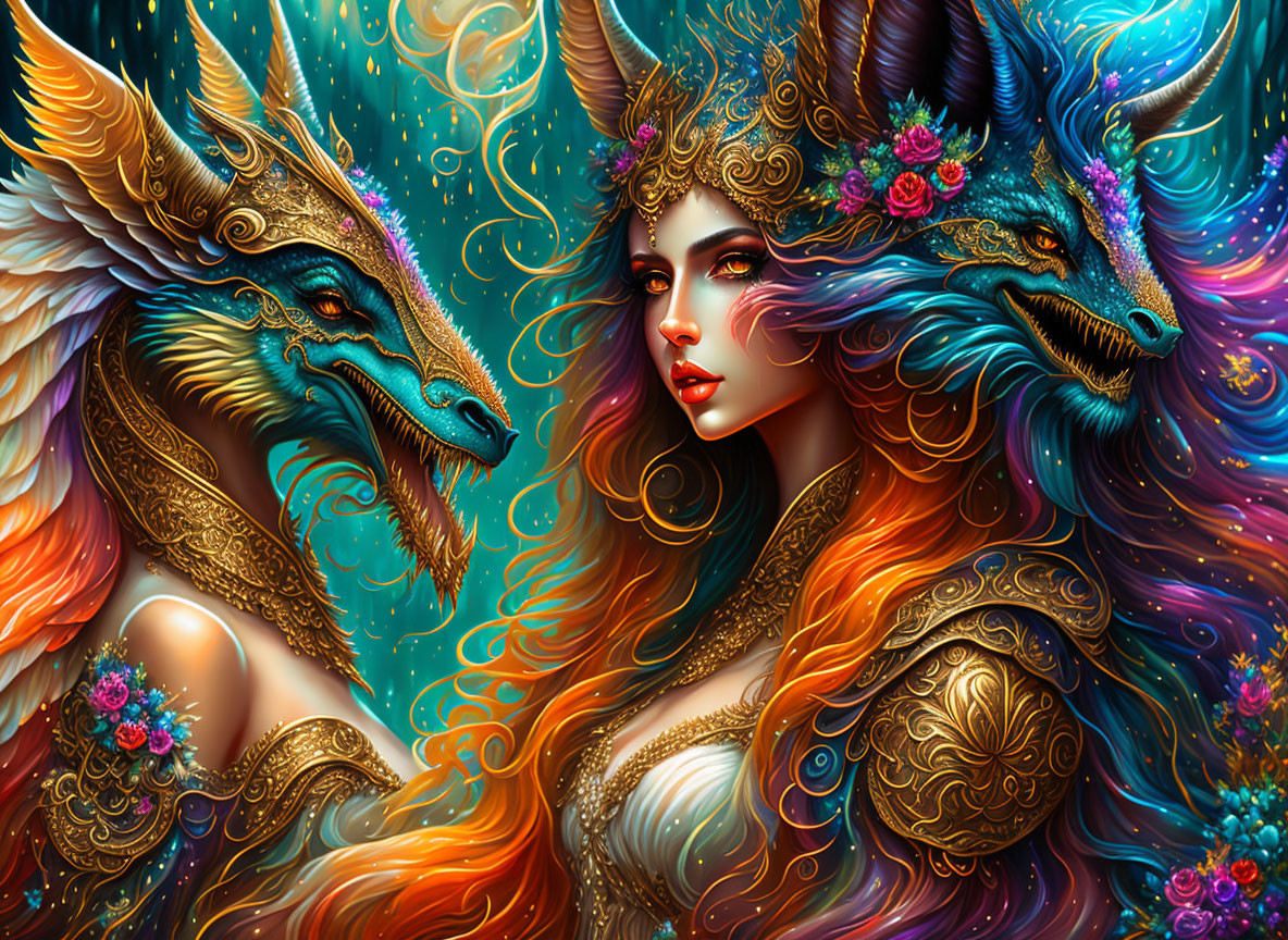 Fantastical woman with ornate horns and majestic dragons in vibrant setting