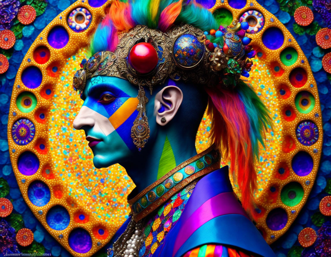 Colorful portrait of person with rainbow mohawk and face paint on kaleidoscopic background