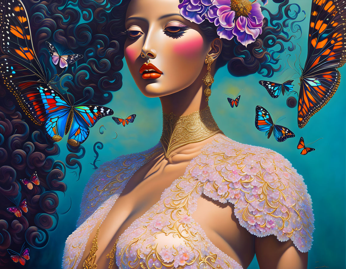Colorful digital art portrait of woman with butterflies, gold jewelry, and floral hair embellishment