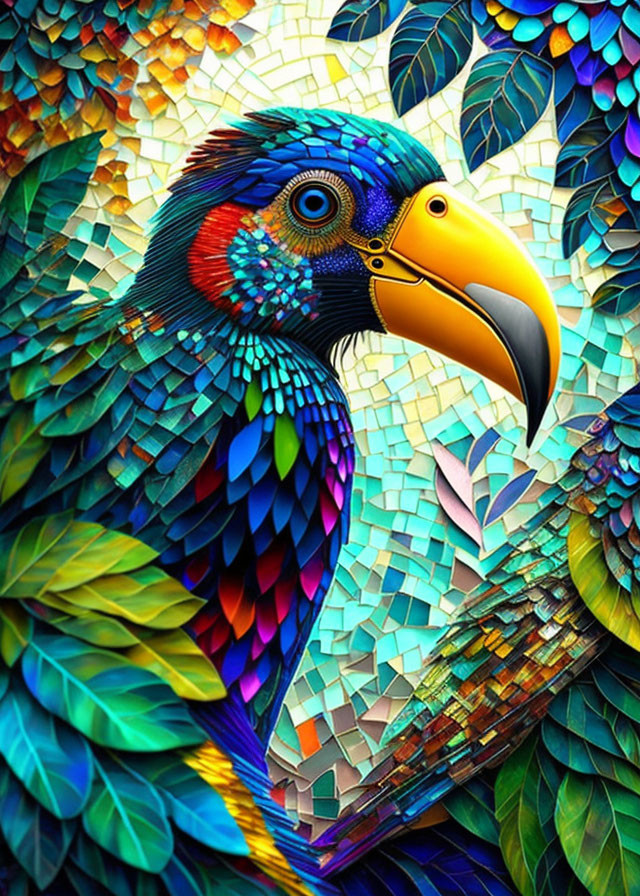 Colorful Parrot Mosaic Artwork with Tile-Like Patterns