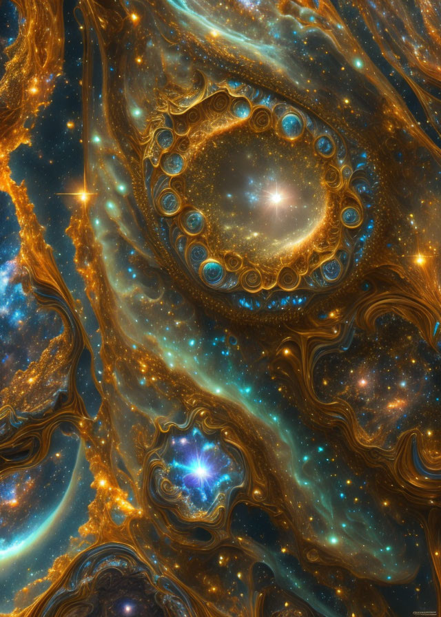 Vibrant cosmic fractal with golden and blue swirling patterns