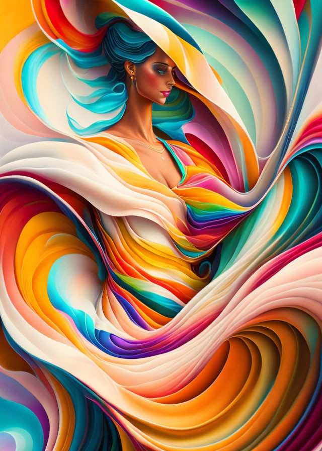 Colorful digital artwork: Woman with blue hair in abstract swirls