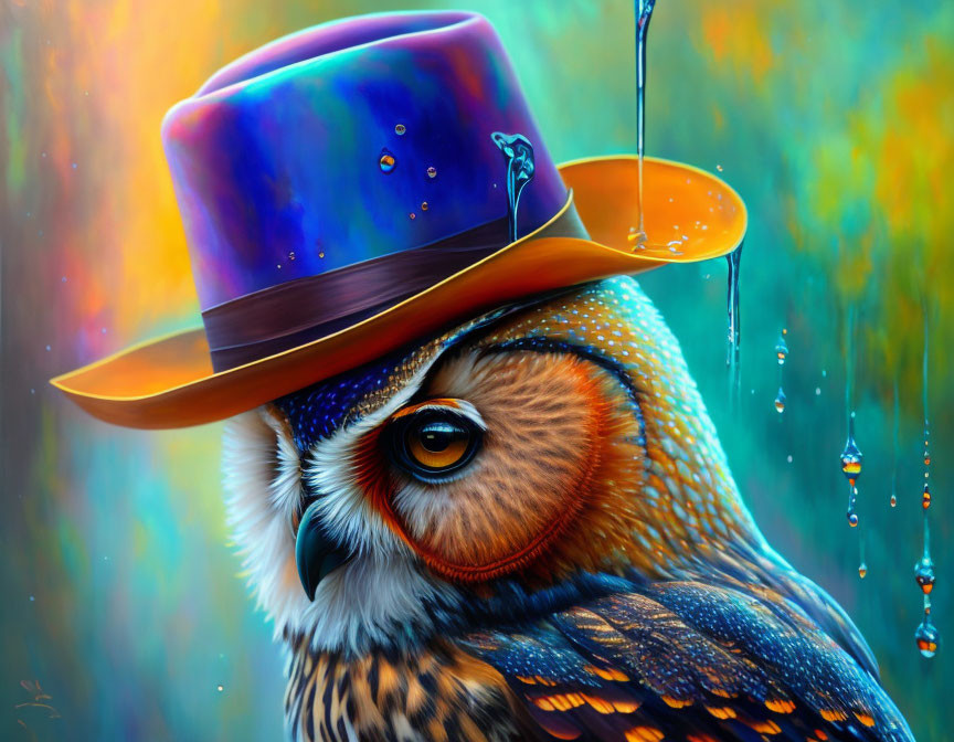 Colorful Owl Painting with Melting Top Hat and Detailed Feather Pattern