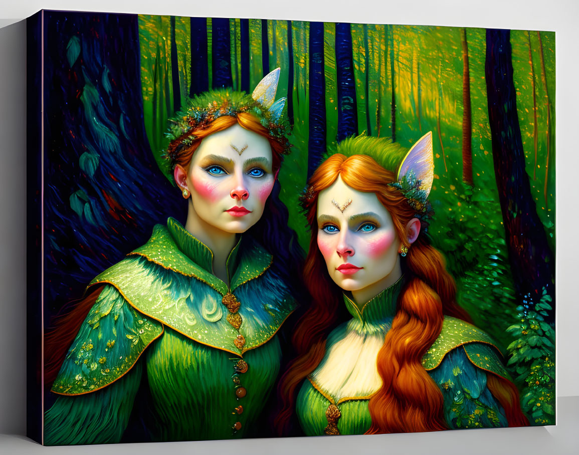Fantasy elfin characters in ornate green clothing in vibrant forest setting