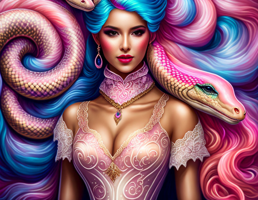 Colorful fantasy portrait: woman with vibrant multicolored hair and gentle snake on neck