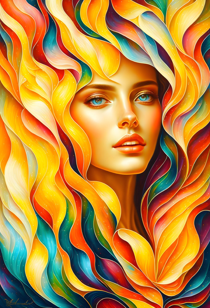 Colorful digital artwork of a woman with vibrant, wavy hair and expressive blue eyes