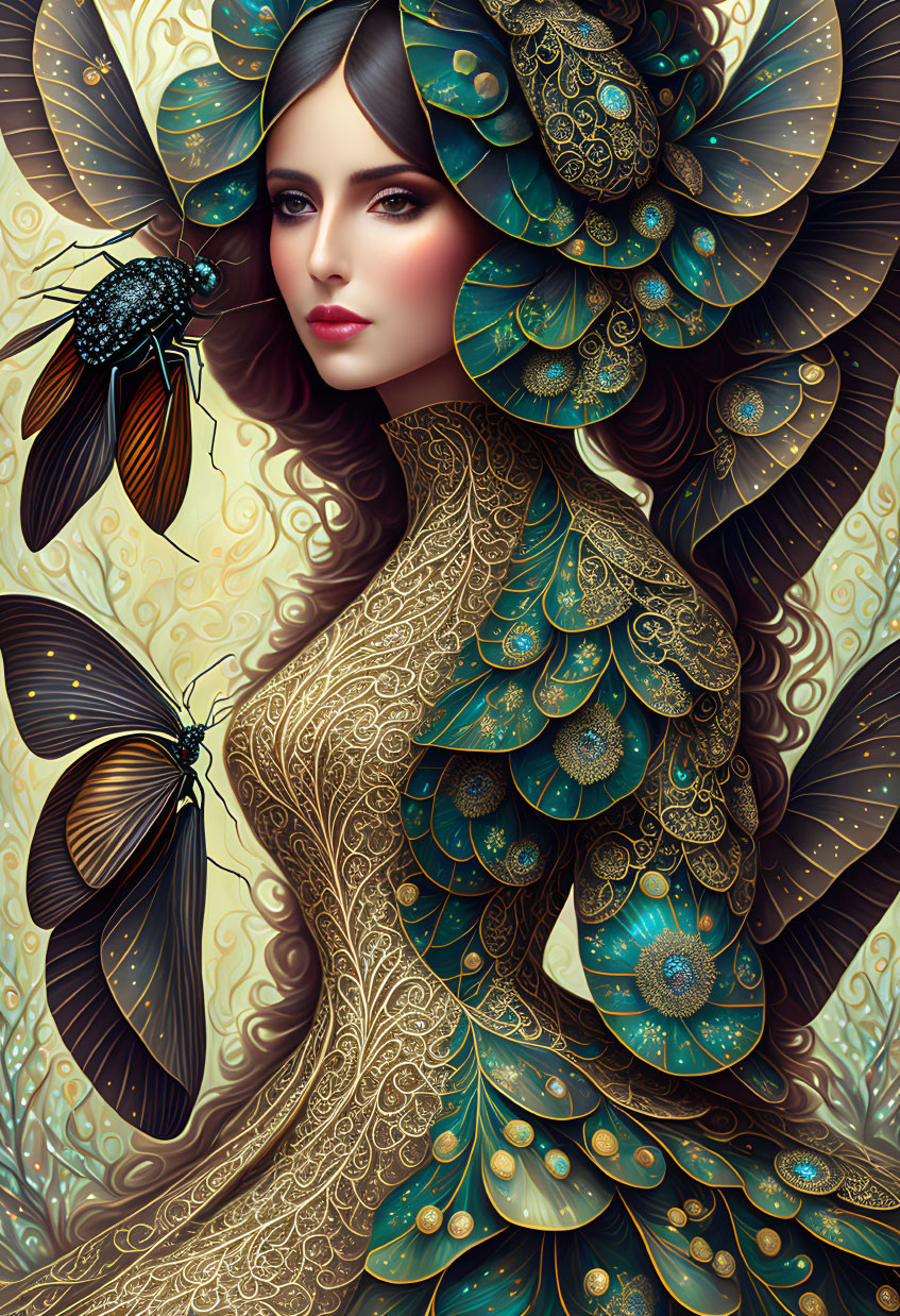 Detailed illustration of woman in peacock feather attire with stylized insects