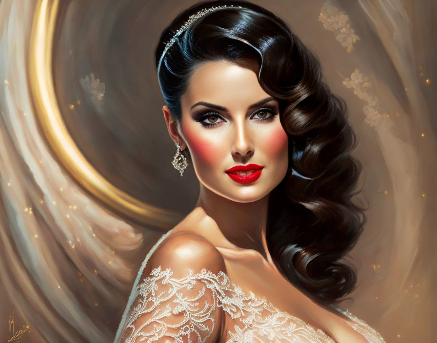 Stylized portrait: Woman with dark hair, red lips, tiara, golden backdrop