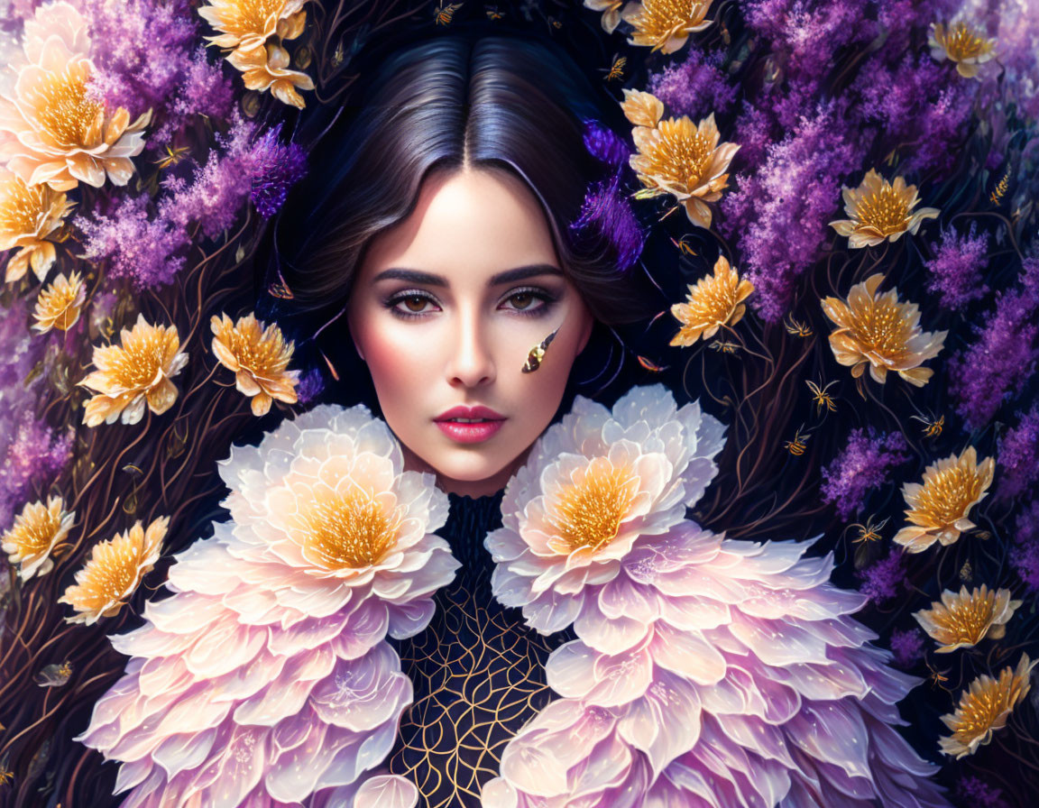 Colorful Flower Surrounding Woman with Bee: Surreal Nature Portrait