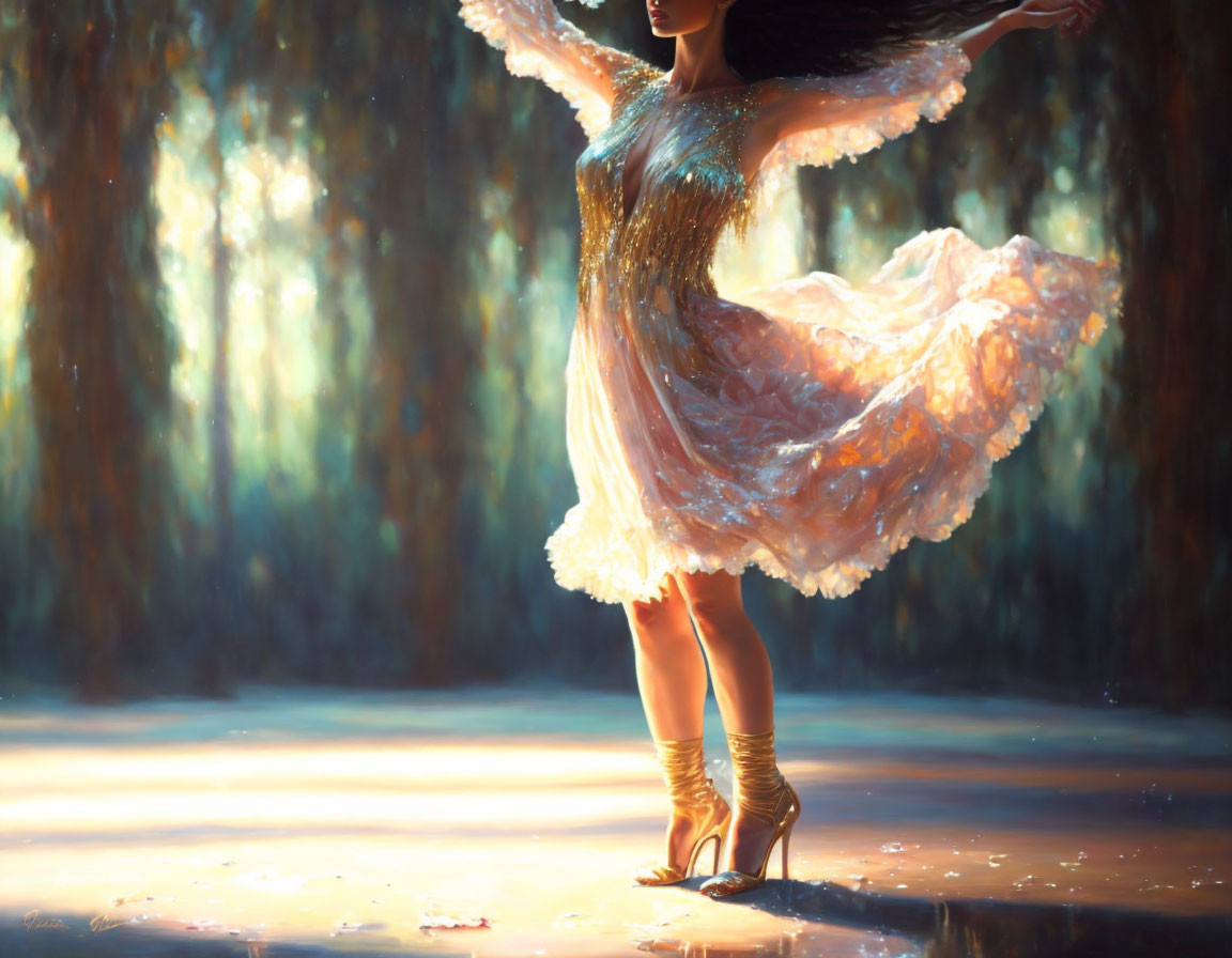 Woman in shimmering dress twirls in sunlit forest clearing